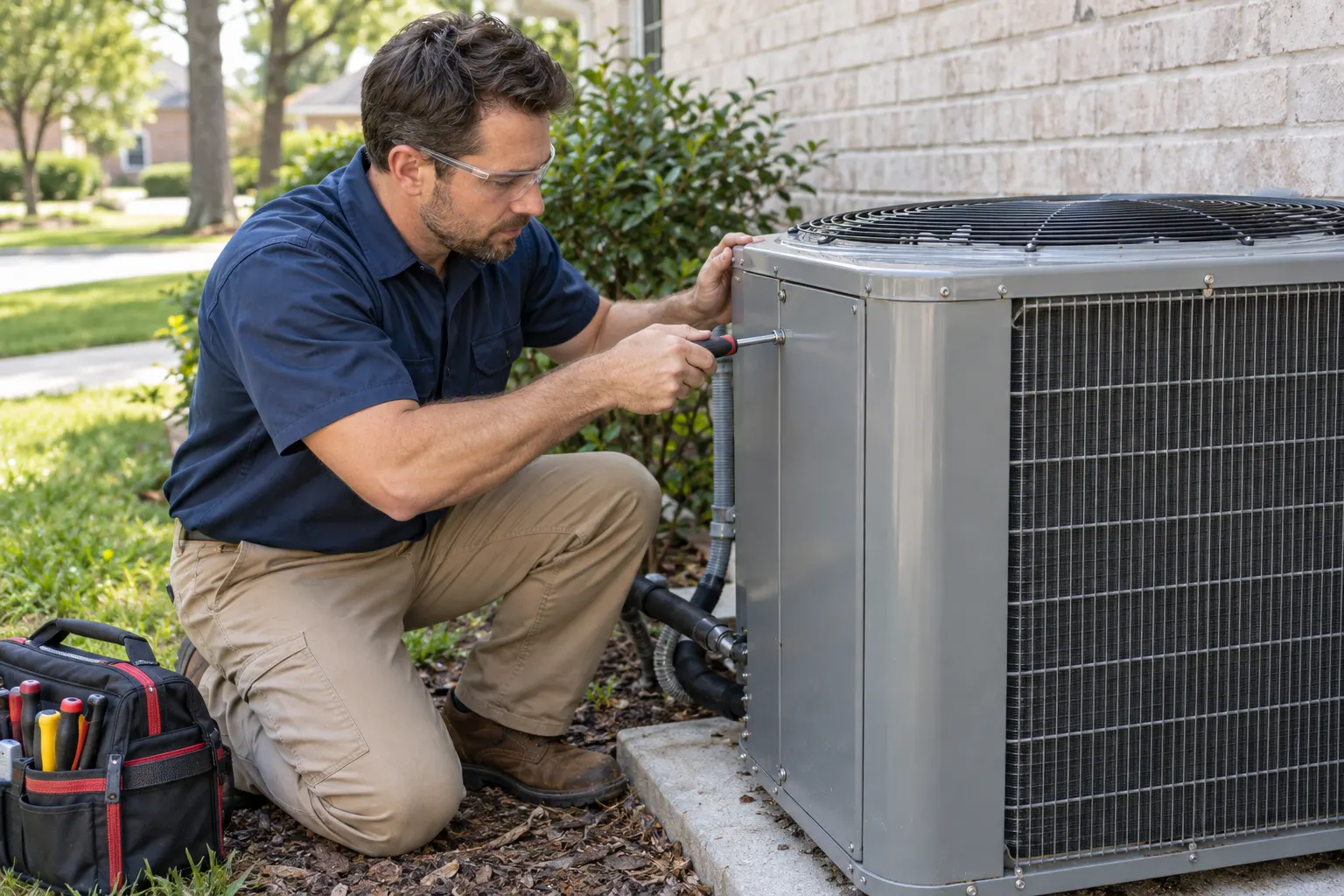 HVAC technician working at an outdoor condenser with tools