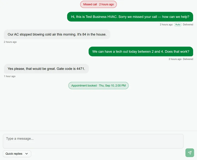 The missed-call text-back automation in Handled, showing the message a caller receives