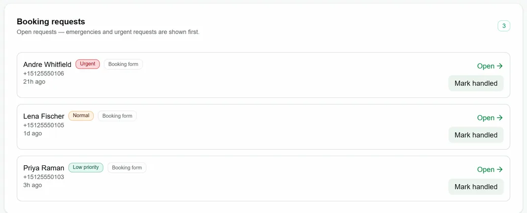 Open booking requests in Handled, each with the customer, their phone number, how urgent it is and where it came from
