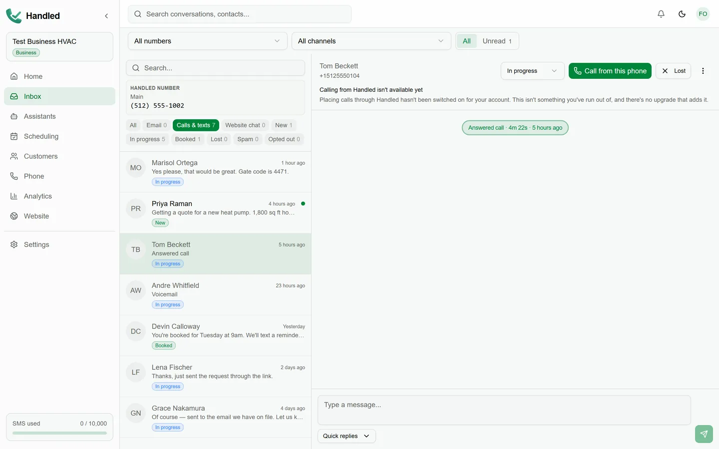 The Handled inbox filtered to calls and texts: an answered call open in its thread, with voicemail and text conversations in the list