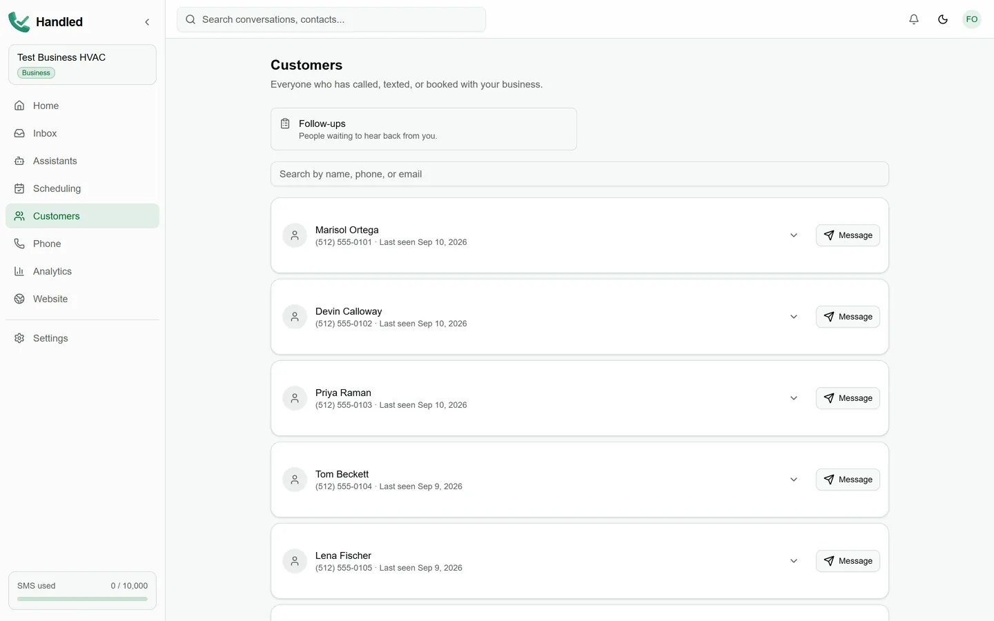 Customers in Handled: everyone who has called, texted or booked, searchable by name, phone or email