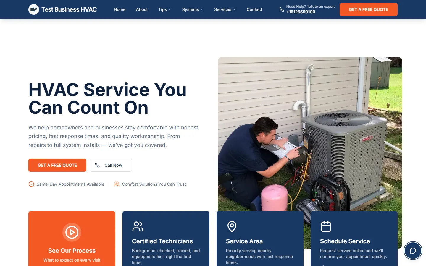 A hosted Handled website for a fictional HVAC business, with the chat launcher in the corner of the page