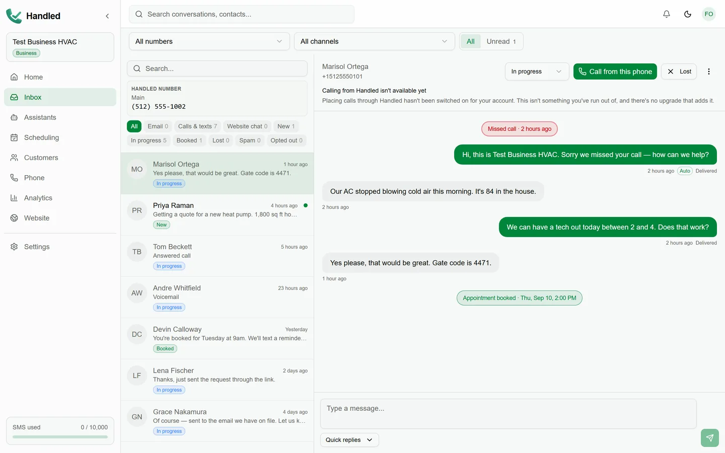 The Handled inbox showing a missed-call conversation thread