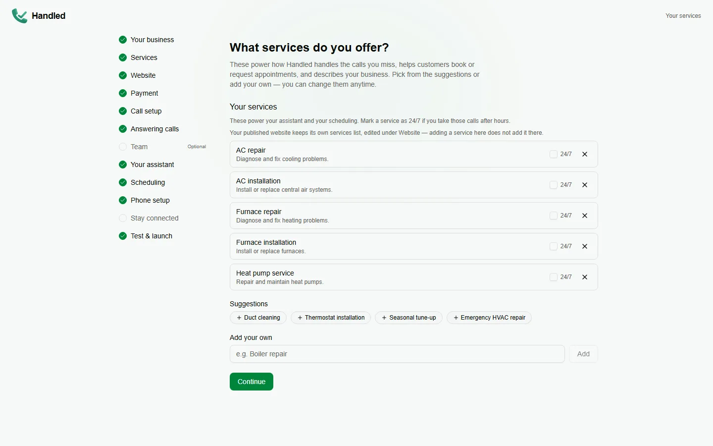 Onboarding in Handled: the guided setup steps down the left, with the Services step open