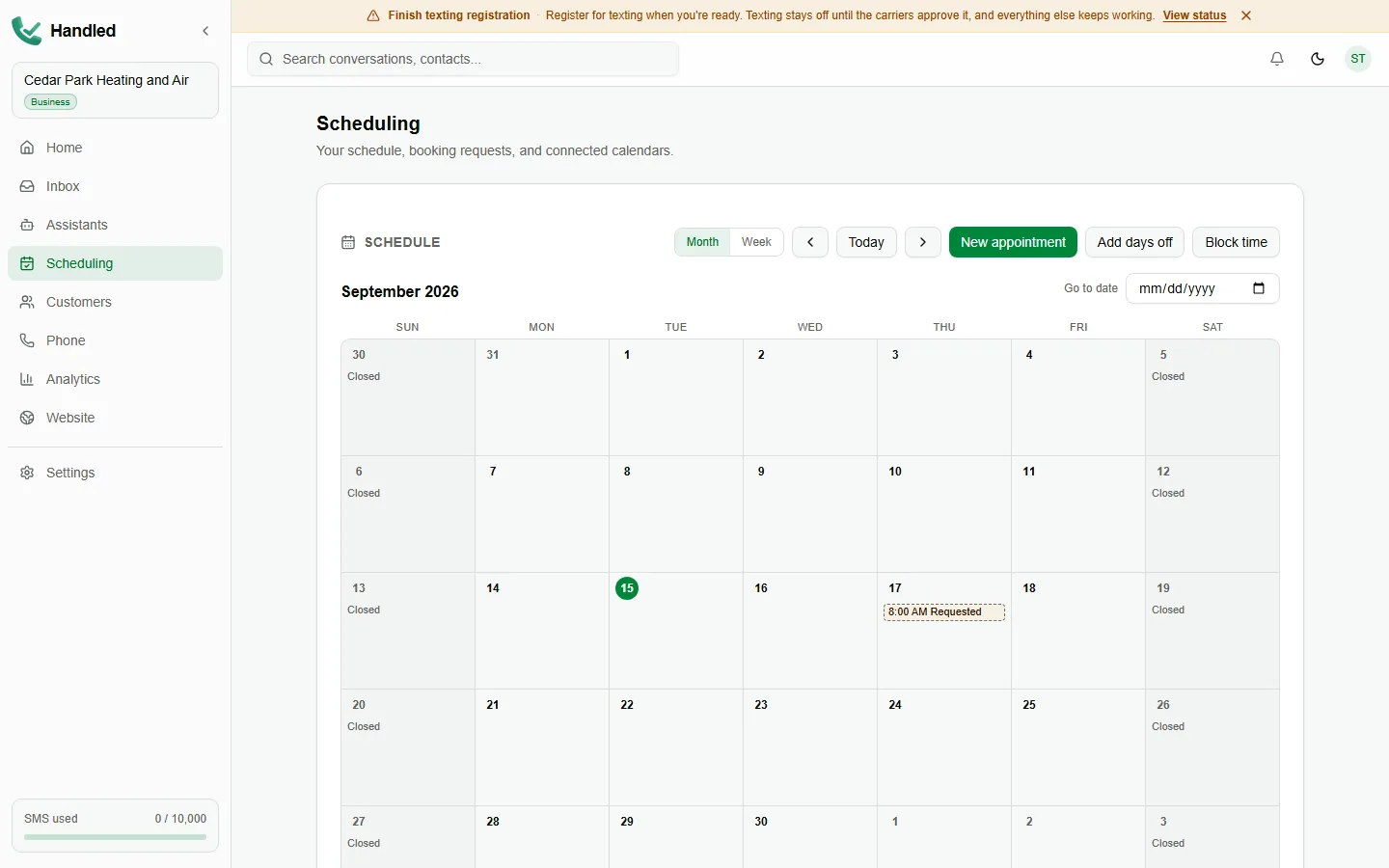 Scheduling in Handled: the month calendar with a requested appointment, the days the business is closed, and the controls to add an appointment, days off or blocked time