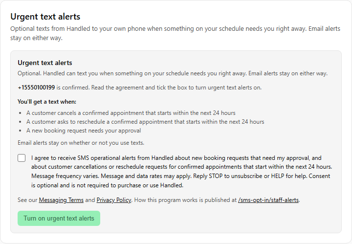 The Urgent text alerts card in Settings › Notifications: the confirmed number, the three qualifying events (cancel within 24 hours, reschedule within 24 hours, booking request needing approval), an unticked consent checkbox beside the full disclosure, links to the Messaging Terms and the Privacy Policy, and a disabled 'Turn on urgent text alerts' button.